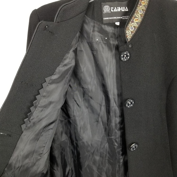 Blazer Linen Wool Cashmere Black Paisley Button Lined Military Jacket Mobwife - Picture 8 of 10